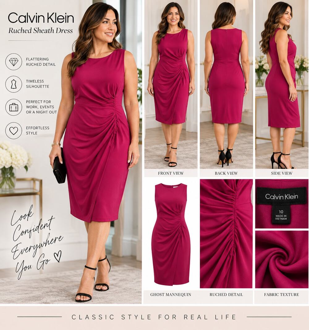 Calvin Klein Womens Pink Ruched Sheath Dress Sleeveless Knee Length size 16